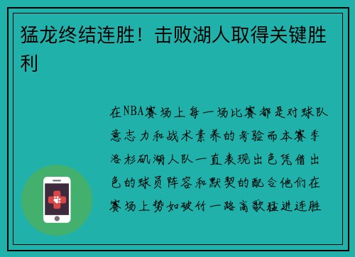 猛龙终结连胜！击败湖人取得关键胜利