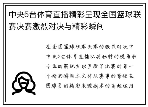 中央5台体育直播精彩呈现全国篮球联赛决赛激烈对决与精彩瞬间
