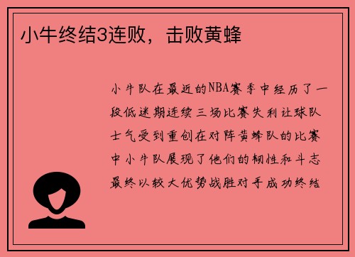 小牛终结3连败，击败黄蜂